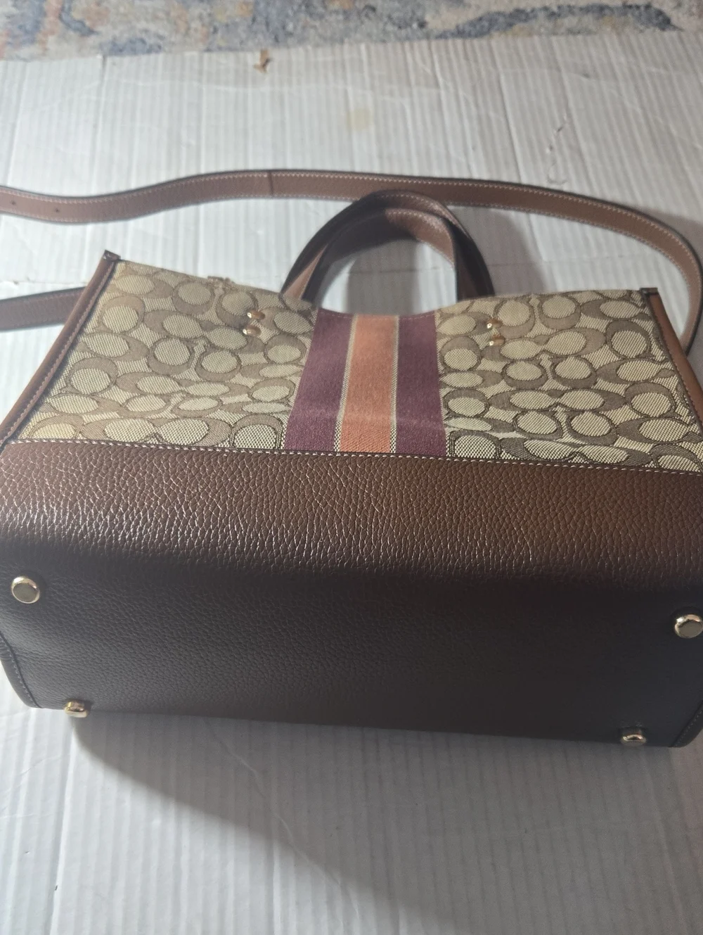 Coach  Dempsey Brown Signature Canvas Satchel with Burgundy and Tan Stripe